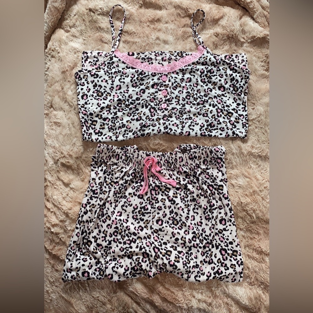 Joan Vass Pink and Black Leopard Pajama Set - Picture 2 of 3
